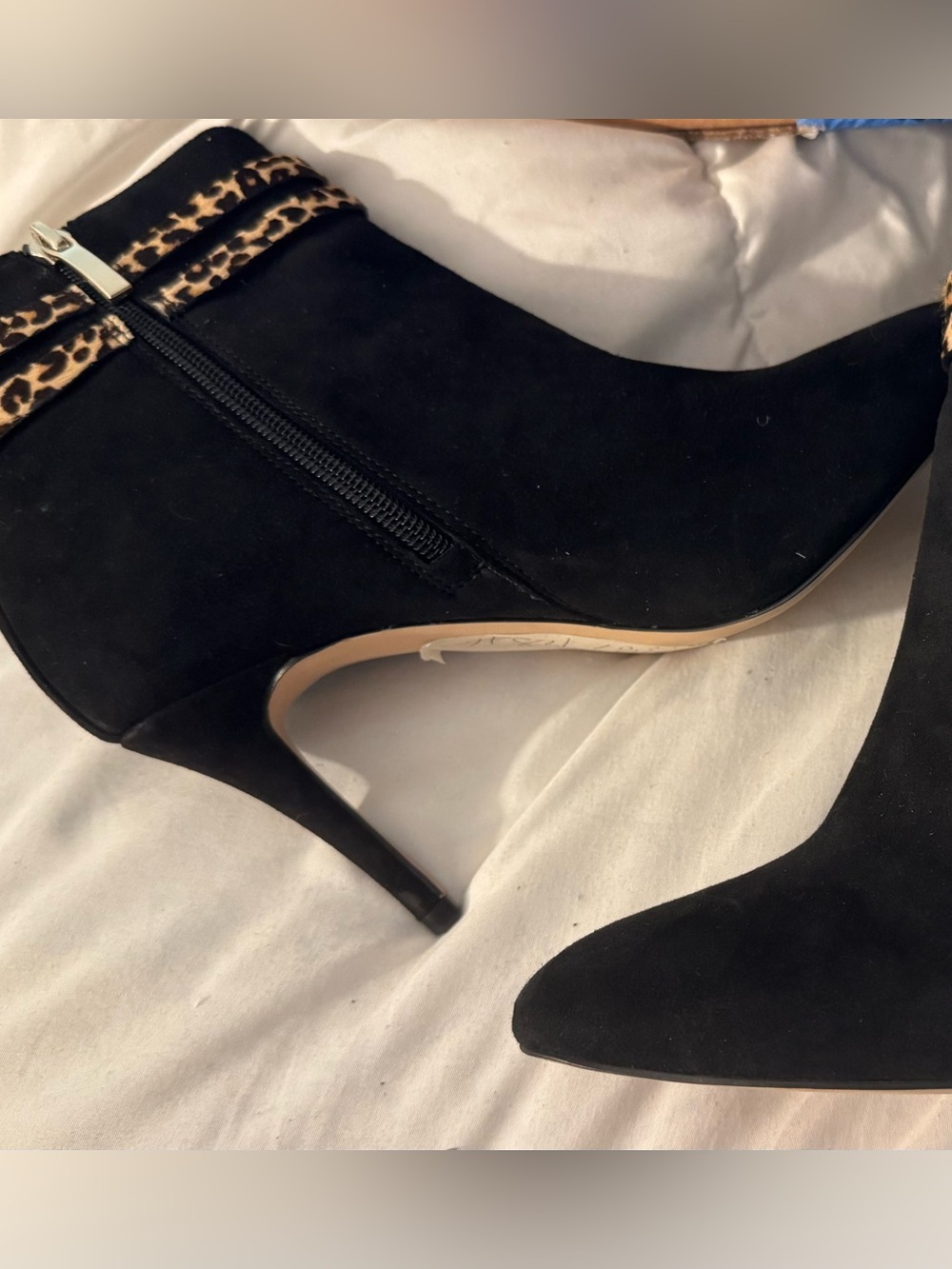 Essex Lane Black Suede Ankle Boots with Leopard Trim
